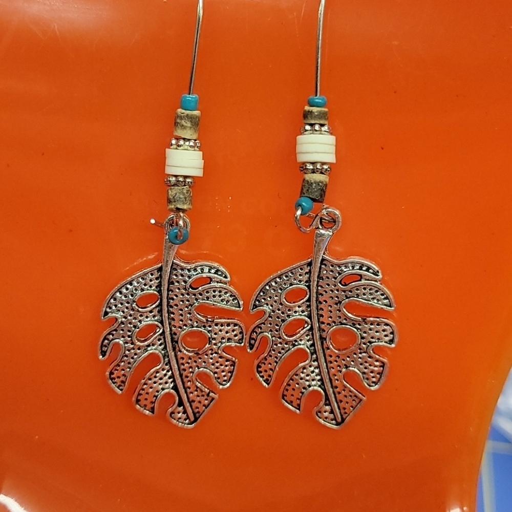 Silver Tone Leaf Beaded Dangle Earrings